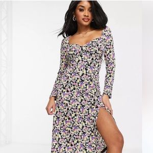 NEW! ASOS DESIGN Dress Long Sleeve Slit Front Midi Purple Ditsy Floral 6P